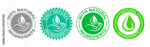 Natural ingredients product icon, green organic bio vector logo with hand and water drop. 100 percent only natural ingredients made, pure organic eco label certificate stamp for natural products
