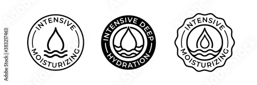 Hydrate icon, hydration moisturizer drop of moisturizing, formula for skin care and beauty cosmetics logo, vector. Hydration and deep moisturizing effect formula for lotion, cream and soap labels