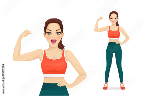 Sport fitness surprised woman showing bicep on her arm isolated vector illustration