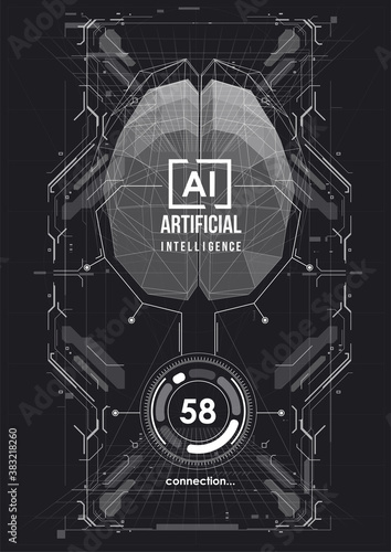 Neural network mega-data processing, template interface design. Futuristic design of an Artificial Intelligence brain with circuit board, Machine learning technology concept.