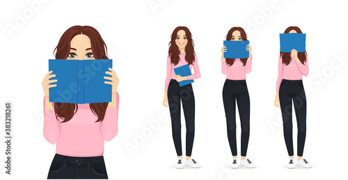Young woman reading book set isolated vector illustration