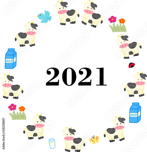 クレヨン画風2021年の牛全身と小物丸フレーム