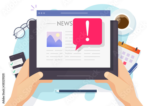 Fake news online vector or important breaking news concept on daily digital tablet computer reading person man, electronic internet fraud newspaper flat cartoon illustration