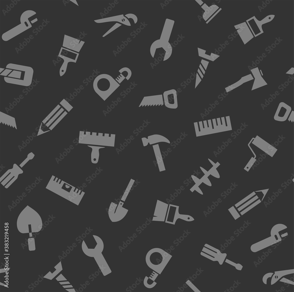 Hand tools, construction, seamless pattern, color, gray. Gray icons on a dark field. Colored flat background. Vector. Hand tools, construction, seamless pattern, color, gray. Gray icons on a dark field. Colored flat background. Vector.