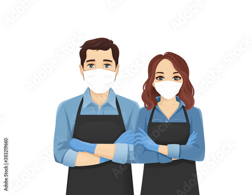 Young man and woman in black aprons wearing protective mask as protection against transmissible infectious diseases, air pollution. Isolated vector illustration