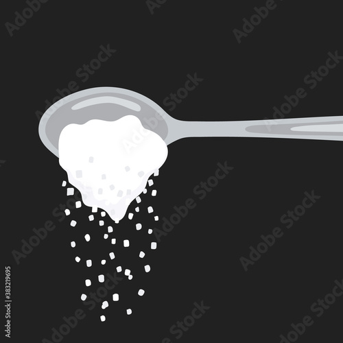 Pouring sugar spoon full of powder crystals of salt or sugar vector illustration. Teaspoon side view with cooking and baking ingredients need for drinks - coffee or tea. Clean organic eco food.