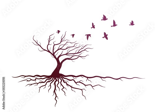 Autumn tree with roots and flying birds.