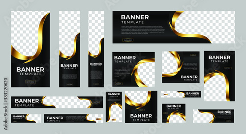 Set of Creative Web Banners of Standard Size with a Place for Photos. Golden Ad Banners. Vertical, Horizontal and Square Template. Vector Illustration EPS 10