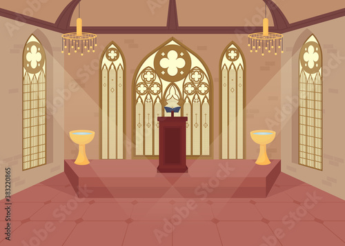 Church flat color vector illustration. Hall for religious ceremony. Place for christian engagement. Spiritual wedding service. Chapel 2D cartoon interior with ornate window on background