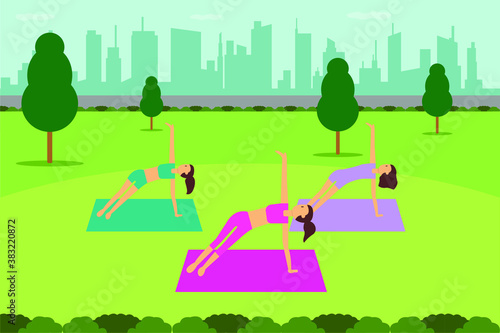 Sport vector concept: Group of young women doing exercise together on the mat in the park