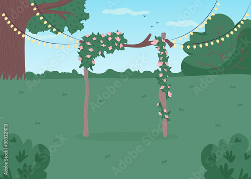 Backyard wedding flat color vector illustration. Floral arch with light garland. Rustic arrangement for matrimony ceremony. Gate with flowers. Party 2D cartoon landscape with sea on background
