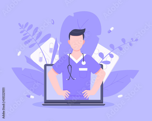 Online doctor medical service concept with doctor in the laptop vector illustration. Telemedicine web consultation for patients health care check ups and taking medicine prescription pills.