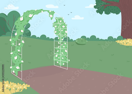 Garden floral arch flat color vector illustration. Wedding flower archway. Celebratory gate. Backyard arrangement for ceremony. Party decorated 2D cartoon landscape with park on background