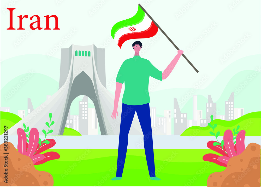 Independence day vector concept: Young male holding flag of iran while feeling proud 