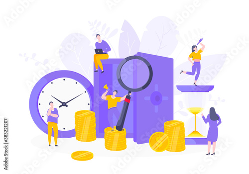 Time is money business concept of money saving. Time management, money installment with future growth. Teamwork concept flat style design vector illustration isolated on white background.
