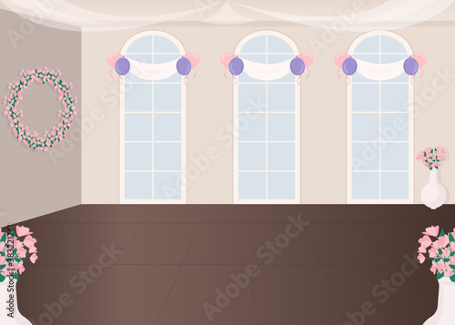 Wedding service hall flat color vector illustration. Floral decor for bridal ceremony. Romantic style venue for engagement party. Celebratory 2D cartoon interior with decorated windows on background