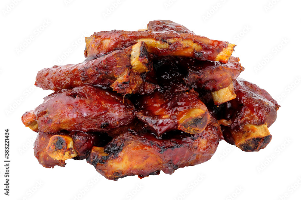 Group of mini pork ribs coated in sticky barbecue sauce isolated on a white background Group of mini pork ribs coated in sticky barbecue sauce isolated on a white background