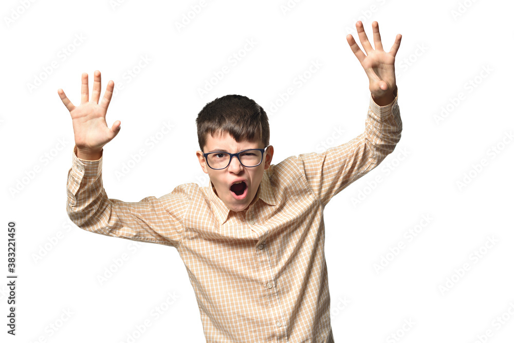 Cheerful boy of 13 years old, shows himself as a terrible monster and causes fright Cheerful boy of 13 years old, shows himself as a terrible monster and causes fright