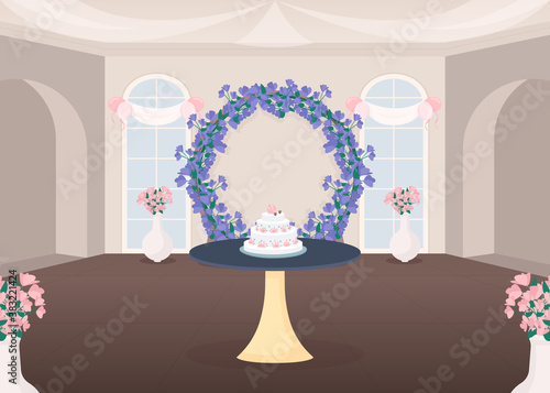 Banquet hall flat color vector illustration. Ceremonial arrangement. Cut wedding cake tradition. Bridal event. Wedding hall 2D cartoon interior with floral arch decoration on background