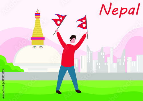 Independence day vector concept: Young man holding flag of nepal while feeling proud 