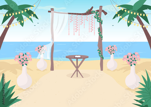 Beach wedding flat color vector illustration. Floral archway. Gate with flowers for matrimony service. Tropical arrangement. Marriage service 2D cartoon landscape with sea on background