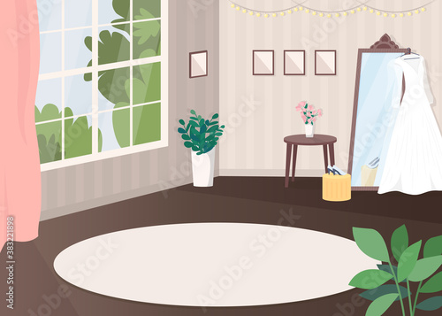 Room for wedding preparation flat color vector illustration. Prepare for ceremony. Room for bride before reception. Wedding dress fitting. Salon 2D cartoon interior with decoration on background