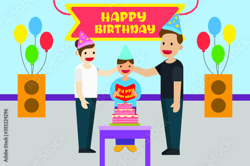 Birthday vector concept: Boy reading a birthday greeting card with his parents and a birthday cake on the table