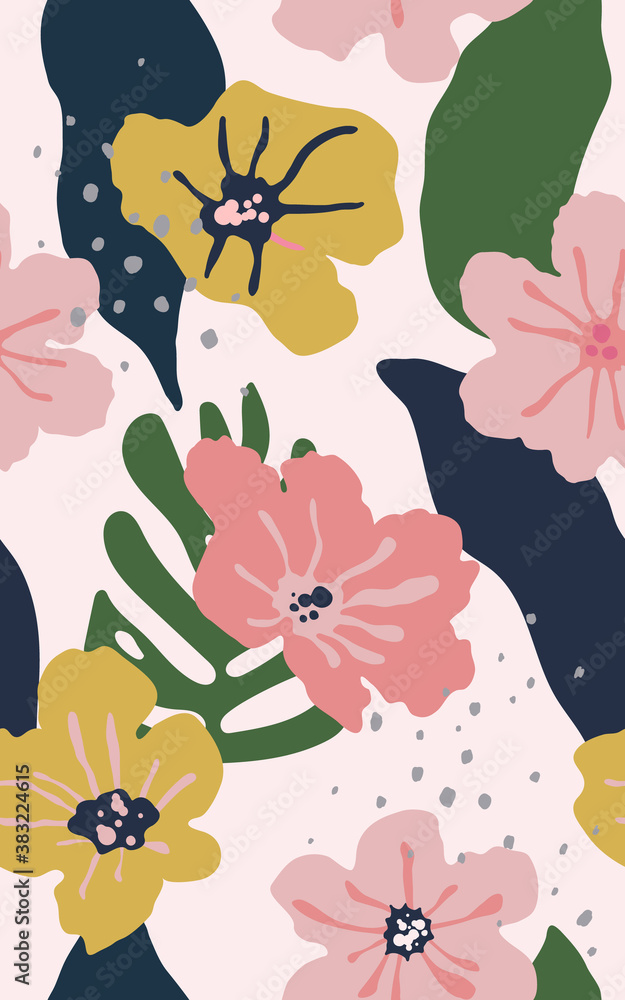 Tropical cute various flowers and leaves hand drawn style, flat saturation pastel color, clean bright and fun summer vibe