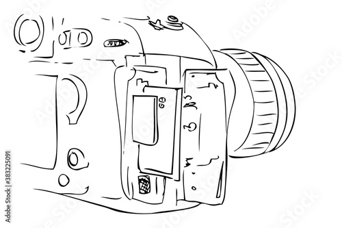 Vector Outline Manual Hand Draw Sketch DSLR, View From Back and memory card, Isolated on White