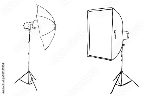 Vector Outline Manual Hand Draw Sketch Rectangle Softbox and Umbrella for Photography, Isolated on White