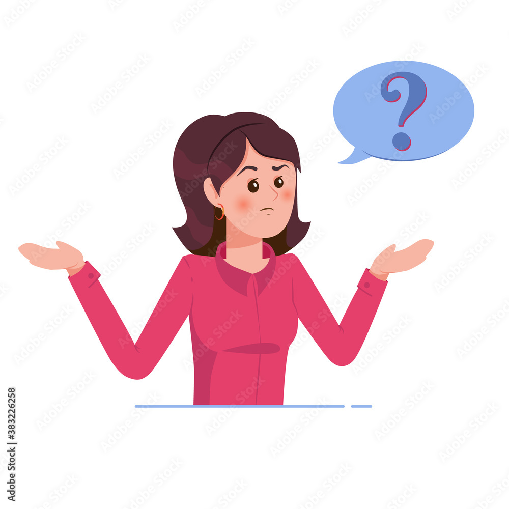 Girl with question mark in think bubble. Young troubled woman. People thinking or solving problem. Dilemma vector flat cartoon concept illustration isolated on white background. Girl with question mark in think bubble. Young troubled woman. People thinking or solving problem. Dilemma vector flat cartoon concept illustration isolated on white background.