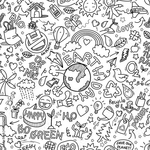 Earth day doodles seamless pattern background. hand drawn of Earth day, Ecology , go green, clean power doodle set isolated on white background, doodles sketch illustration vector