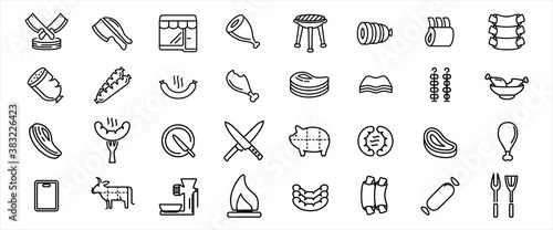 Simple Set of butchery and meat shop Related Vector icon graphic design. Contains such Icons as knife  rib  tenderloin  pork  sausage  meat slice  grinder  barbecue  grill and cow