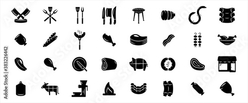 Simple Set of butchery and meat shop Related Vector icon graphic design. Contains such Icons as knife, rib, tenderloin, pork, sausage, meat slice, grinder, barbecue, grill and cow