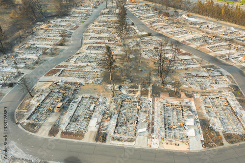 Aerial view of burned down houses from the 2020 Almeda wildfire in Southern Oregon, USA