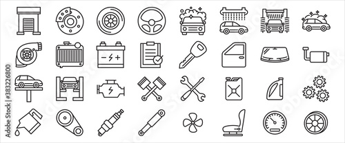 Simple Set of car automobile repairing service and checkup Related Vector icon graphic design. Contains such Icons as car, door, brake, tire, steering, wheel, car wash, piston, spark plug and more