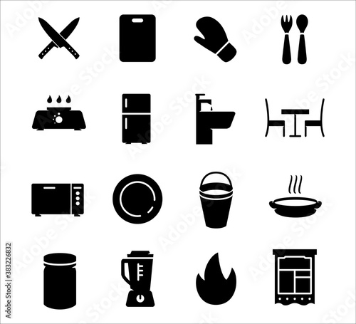 Simple Set of kitchen and cooking equipment Related Vector icon graphic design. Contains such Icons as knife, chopping board, gloves, refrigerator, blender, oven, pan, cooker, fork and spoon