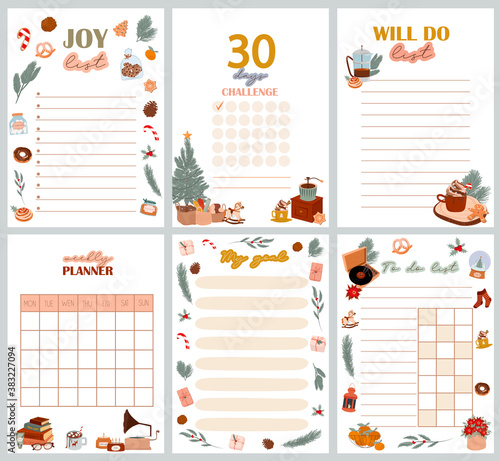 Christmas Planner, Organizer and Schedule with Joy list, 30 days challenge, Will do list, My goals list, to do list with cute winter scandinavian illustrations. Editable vector illustration.
