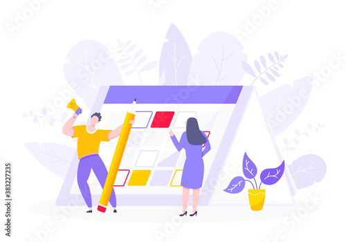 Calendar planning schedule business concept vector illustration. Tiny people with large pencil, magnifier do working plan on day calendar and checks dates. Time management or deadline metaphor.