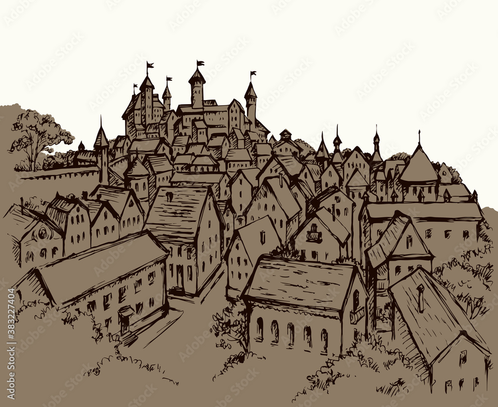 Castle in the old town. Vector drawing