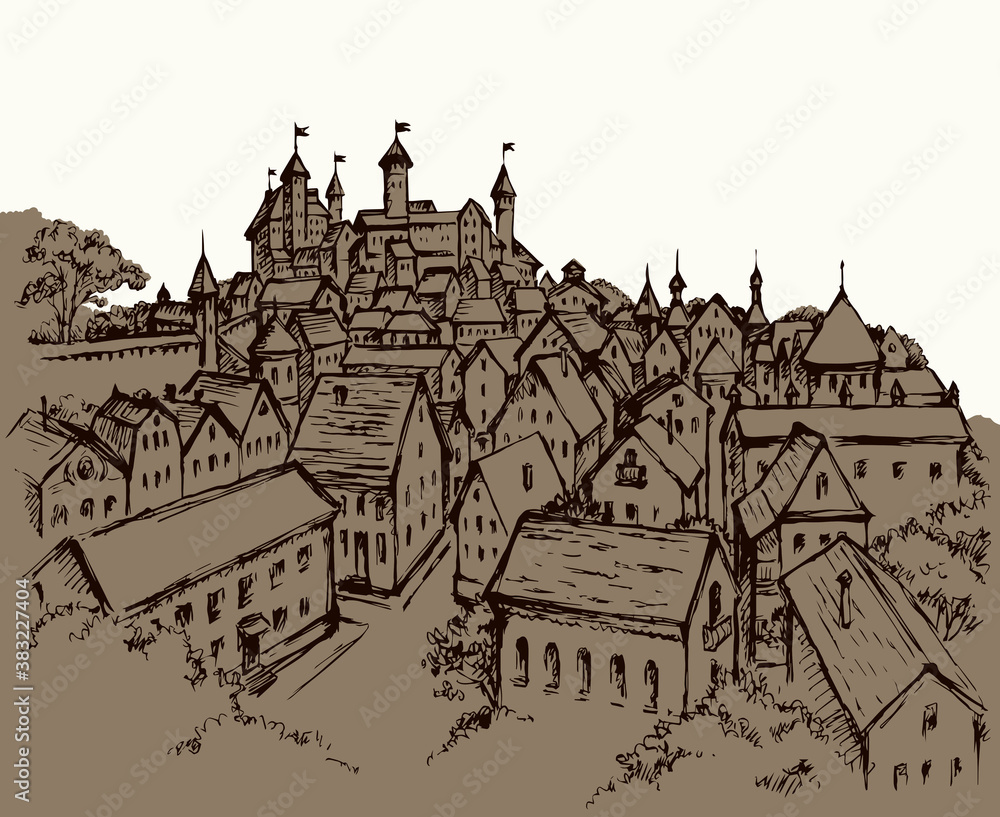 Obraz premium Castle in the old town. Vector drawing