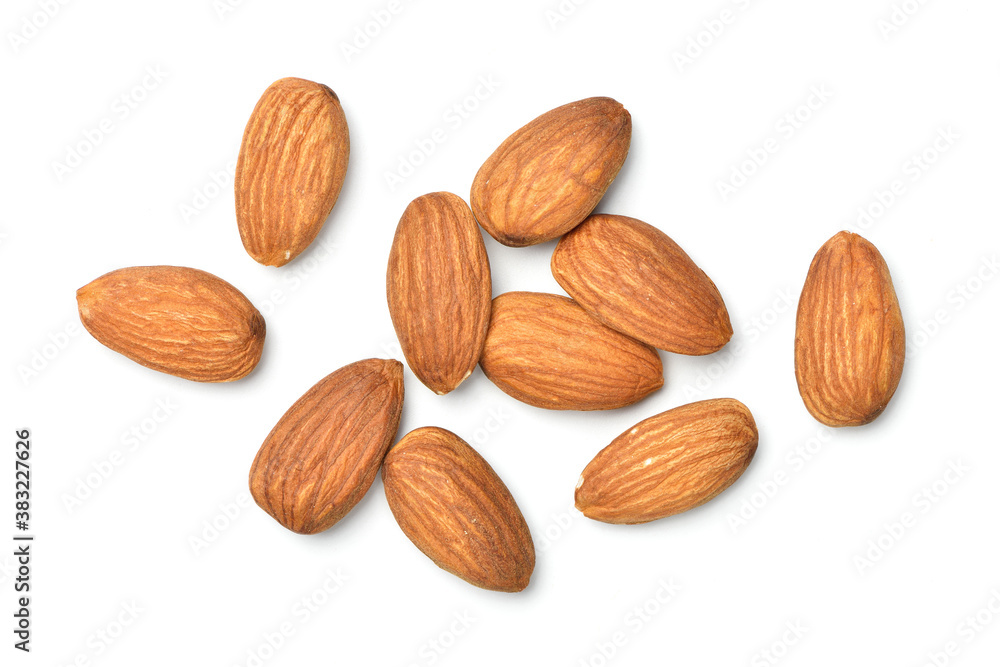 Flat lay (top view) of Almond seeds on white background. Flat lay (top view) of Almond seeds on white background.