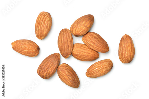 Flat lay (top view) of Almond seeds on white background.