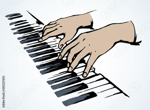 Hands on piano keyboard. Vector drawing