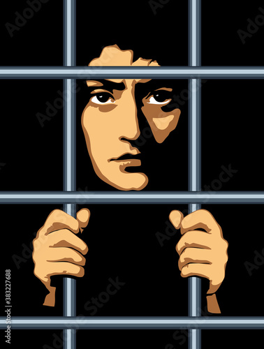 A man in prison behind bars. Vector drawing