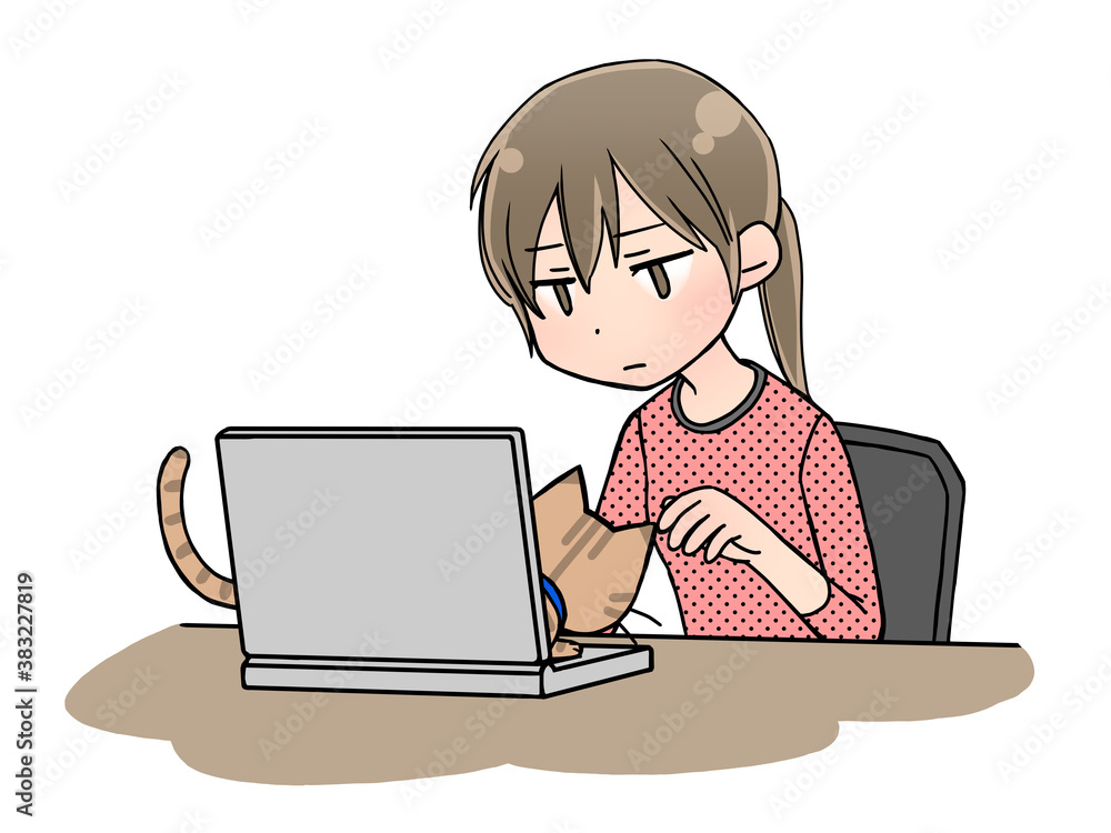 ノートパソコンを操作する女性が猫に邪魔されているイラスト ノートパソコンを操作する女性が猫に邪魔されているイラスト
