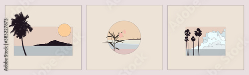 Set of clean sea beach island landscape illustration various styles, flat minimal style, fresh vintage summer breeze feelings