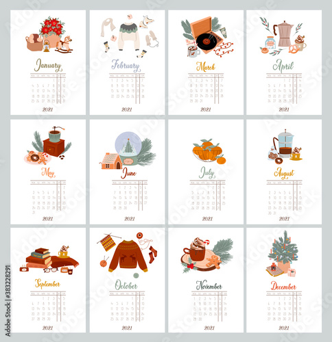 2021 Yearly calendar and planner with all Months. Wall calendar, Organizer and Schedule. Christmas scandinavian illustrations with hygge home decor. Editable Vector illustration.
