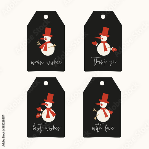 Happy New Year and Merry Christmas greeting tags with snowman on black background. Design element for season greeting and gift decor.