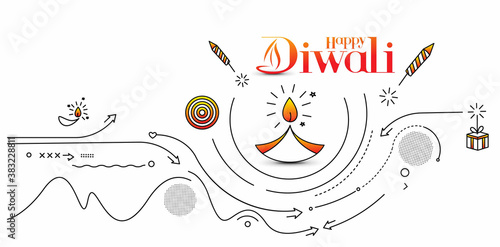 Happy Diwali text with Rocket firecrackers design. Poster Banner Vector illustration.